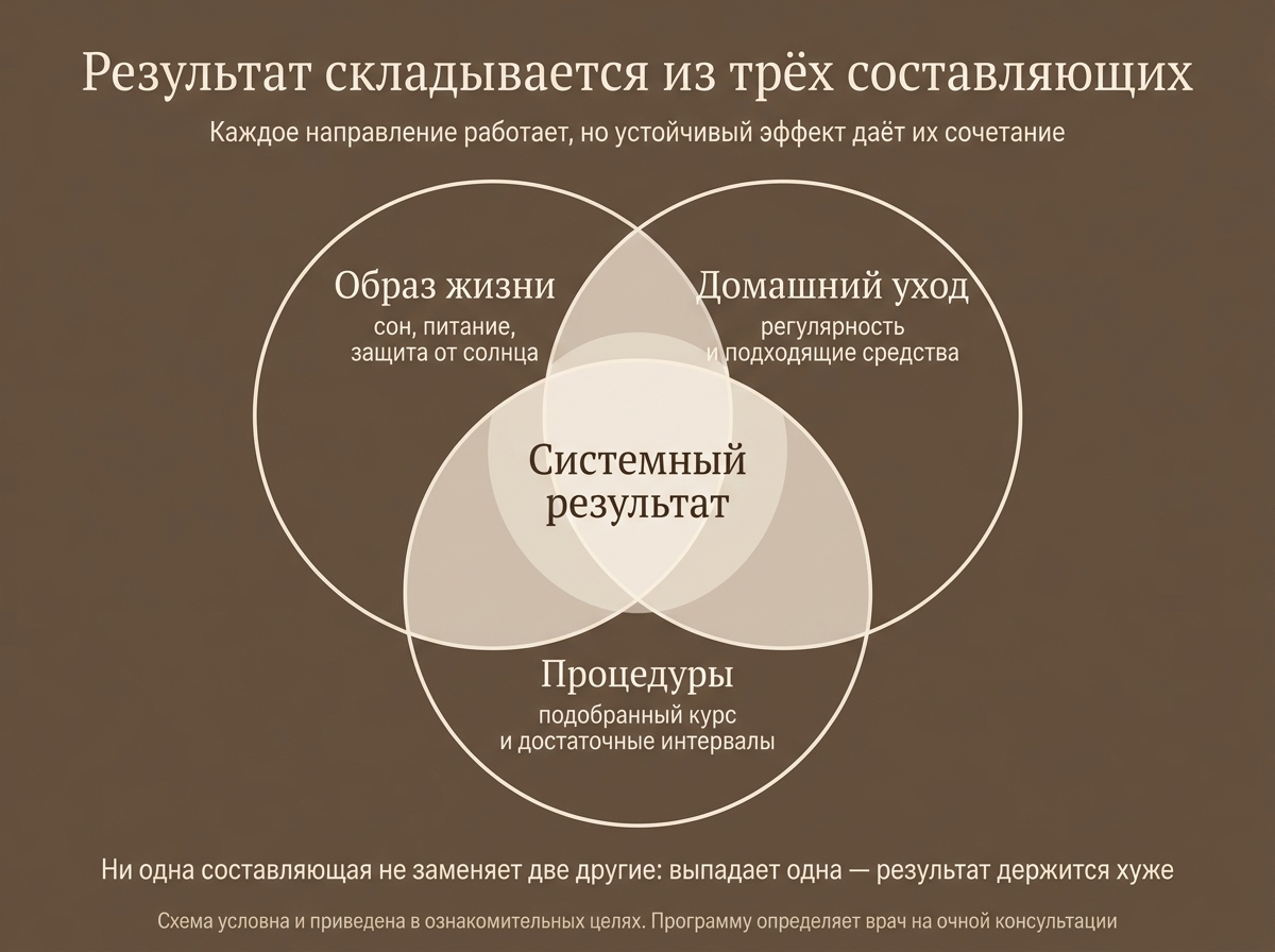 Три составляющие системного ухода за кожей: образ жизни, домашний уход, процедуры