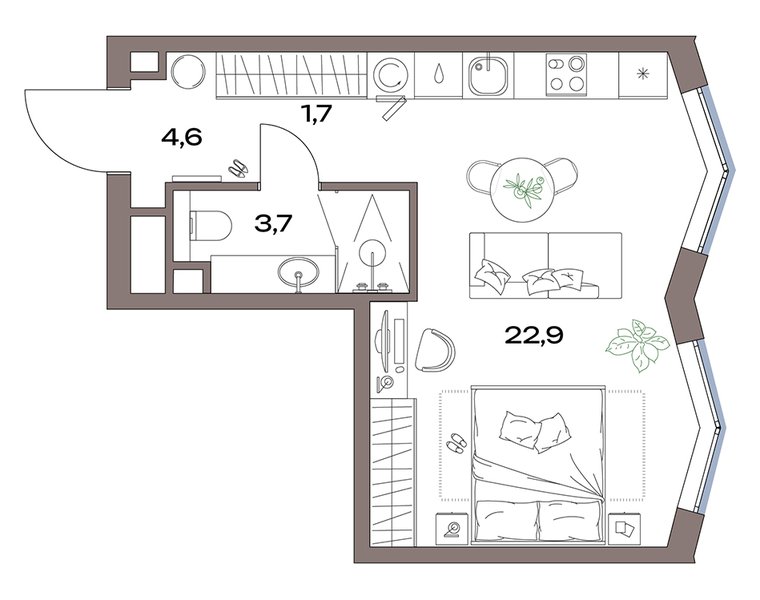 Планировка: студия 33,4 м² в ЖК «Акценты», корпус 14, 24-й этаж