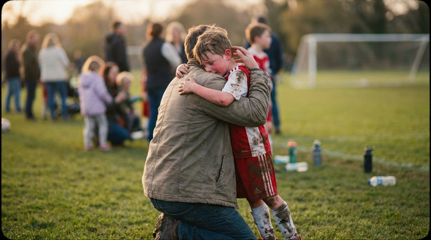 Папа обнимает сына после матча
