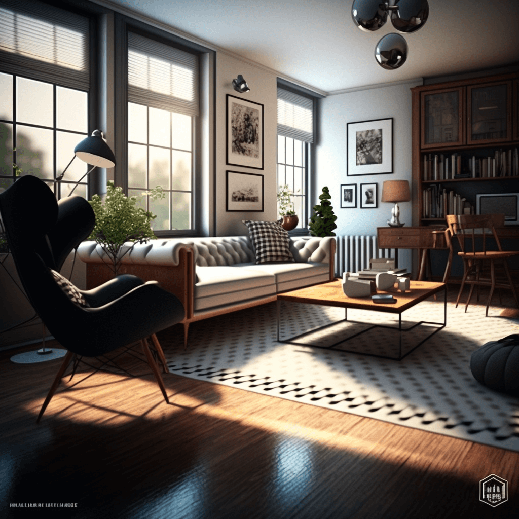 A vibrant, colorful rendering of a lively, open-concept living space, created with V-Ray