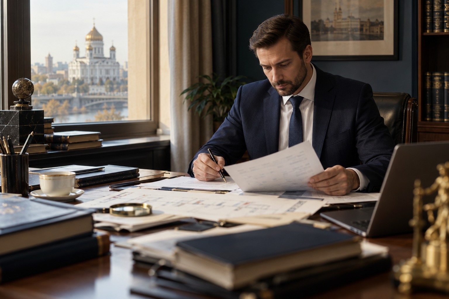 Предприниматель проверяет документы и записи за рабочим столом