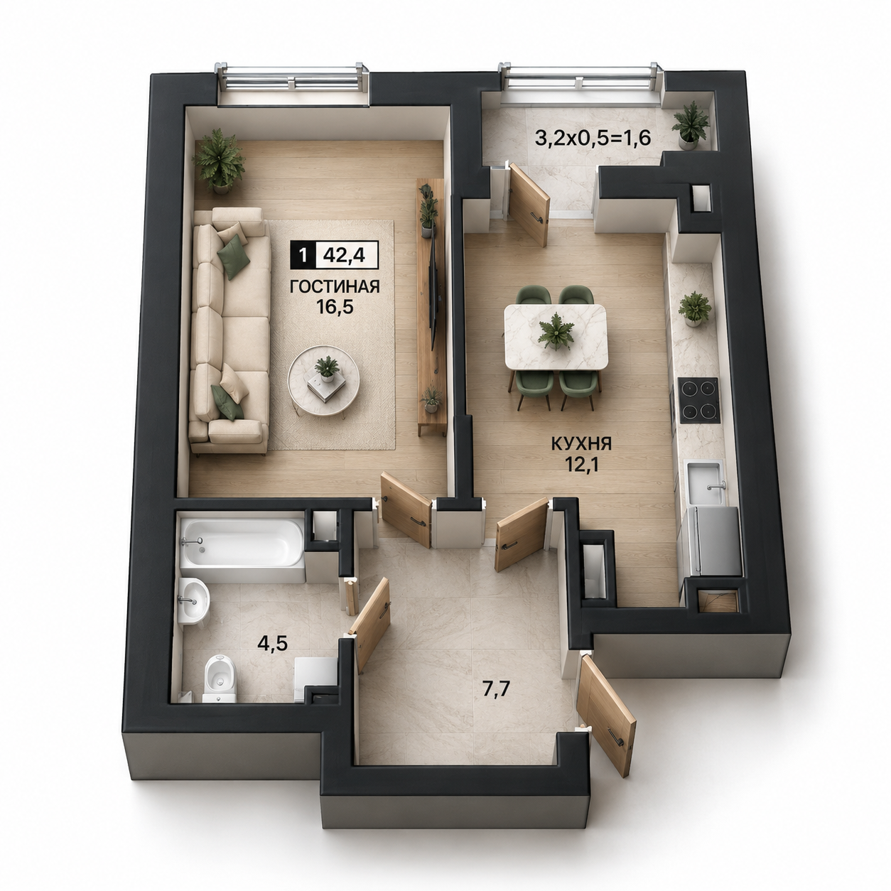 3D-планировка квартиры 42,4 м²