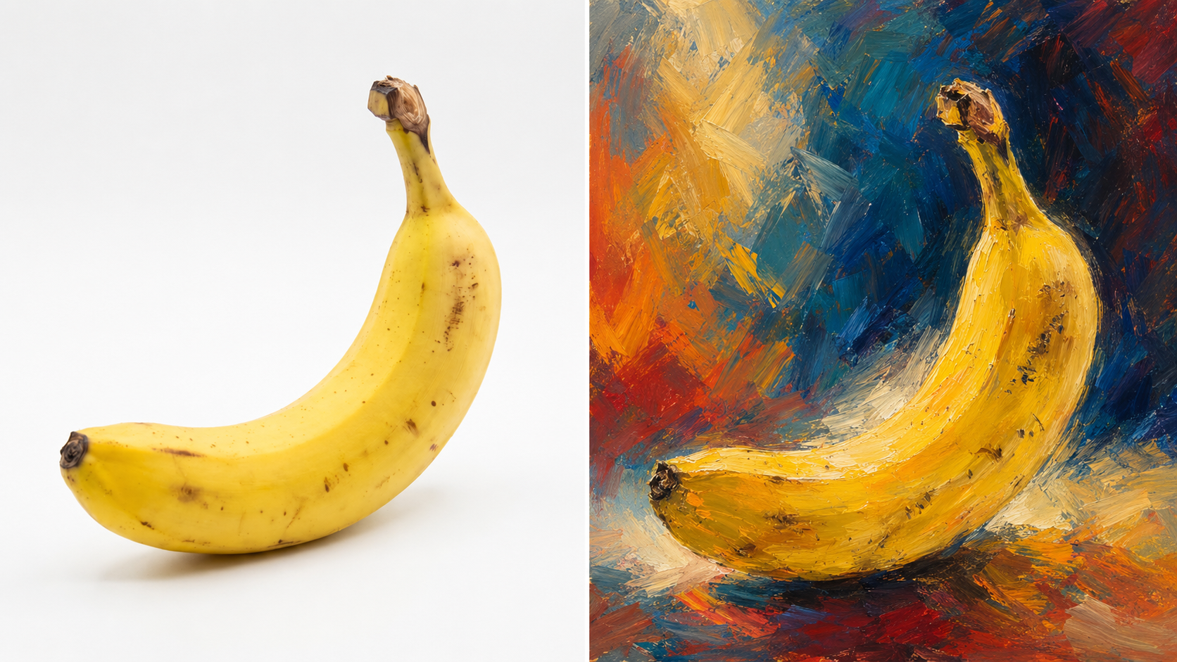 Side-by-side horizontal comparison of a real banana reference photo and an expressionist painting of the same banana with bold brushstrokes and vivid colors.