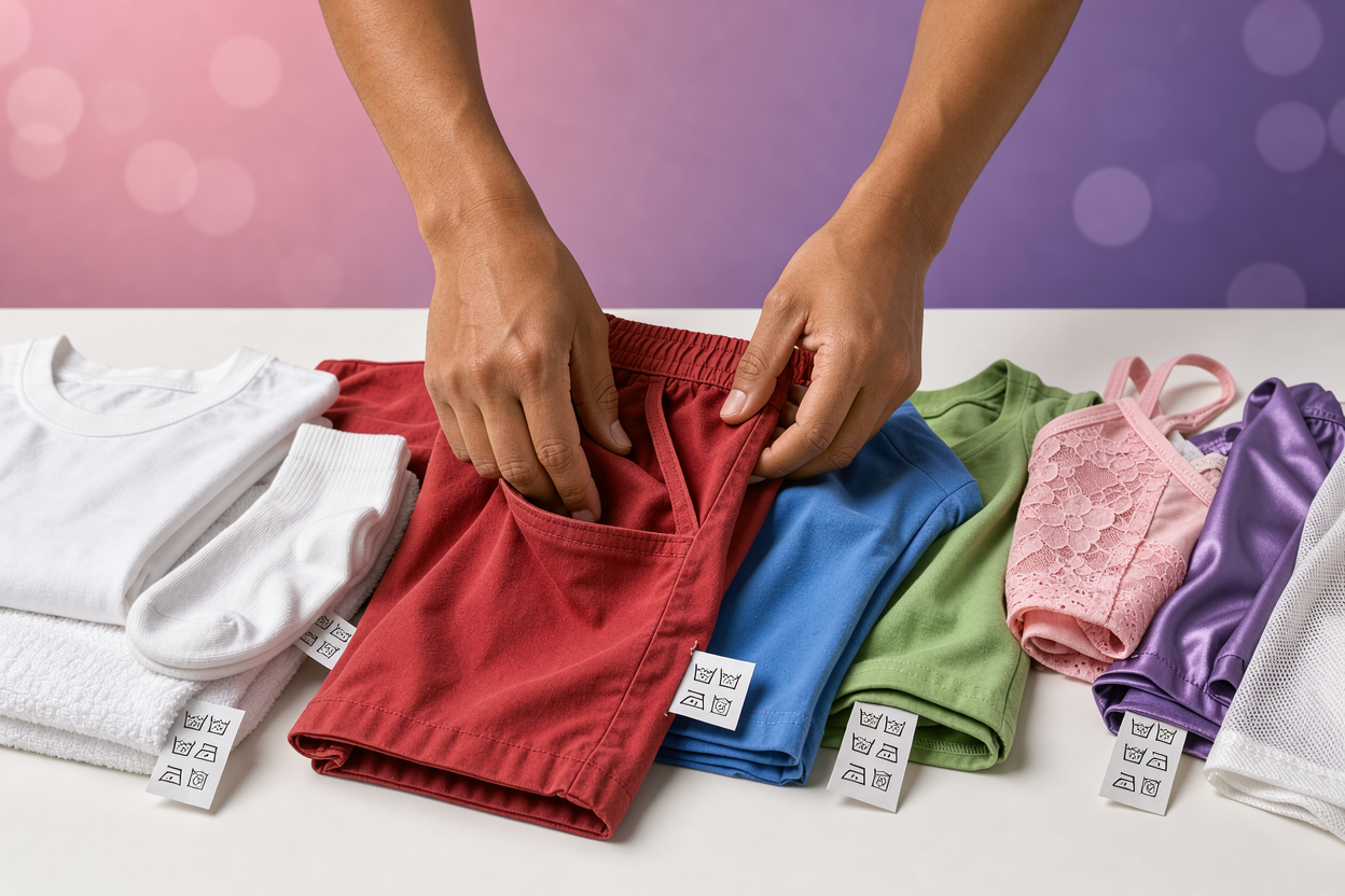 Close-up of hands sorting laundry into separate piles: whites, colors, delicates; visible care labels and a pocket being checked, no brand logos