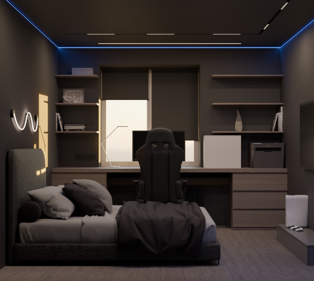 темный интерьер спальни