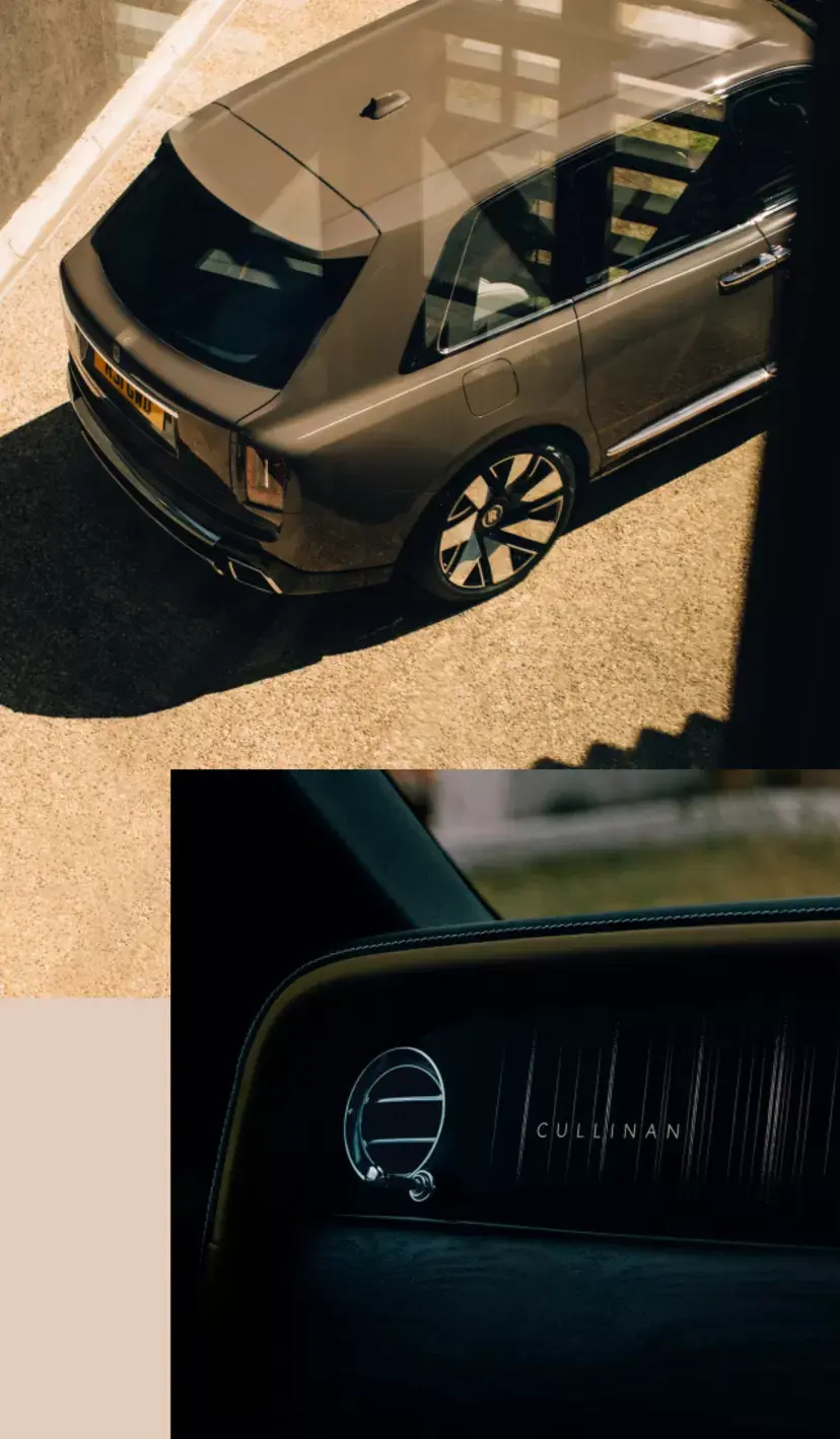 Коллаж: экстерьер Rolls-Royce Cullinan Series II сверху и персонализированная передняя панель салона снизу