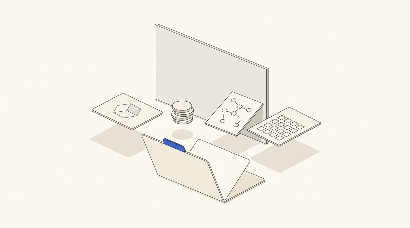 An open folder holds a product card, cost discs, a route diagram and a capacity grid in front of a planning board.