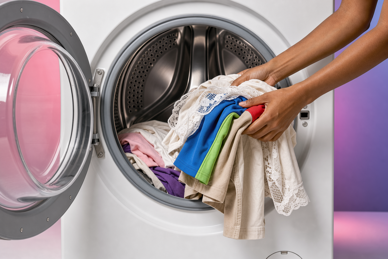 Close-up of hands placing mixed fabric clothes (cotton shirts, synthetic sportswear, delicate lace) into a front-loading washing machine drum, focus on textures, neutral colors, no brand logos or cleaning products