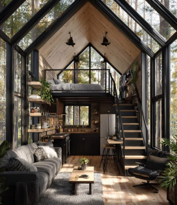 Интерьер A-frame дома с лофтом, кухней и панорамным остеклением