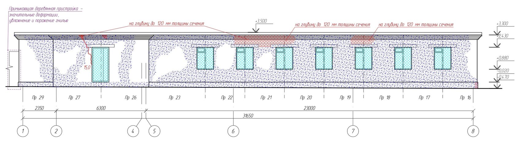 Схема расположения дефектов на фасадах обследуемого здания