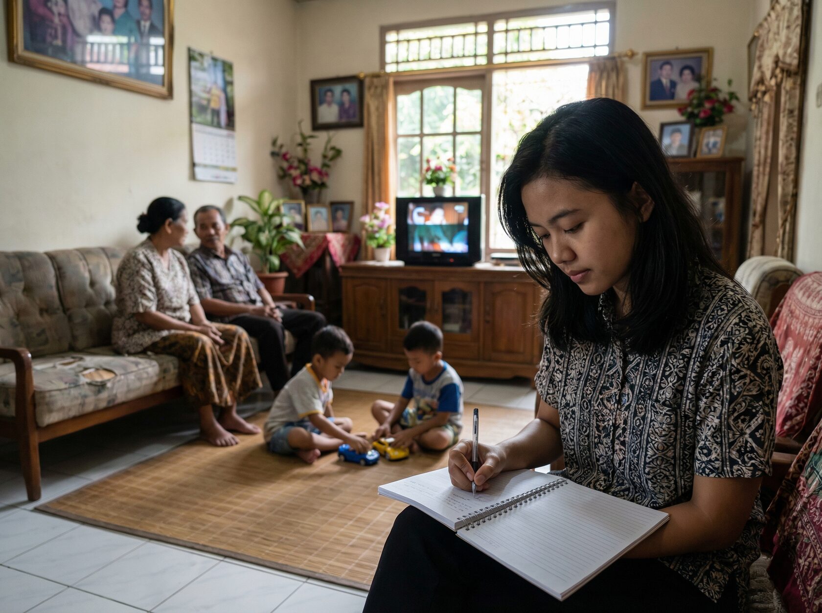 Perempuan tetap belajar dan menulis di rumah yang ramai bersama keluarga di latar belakang