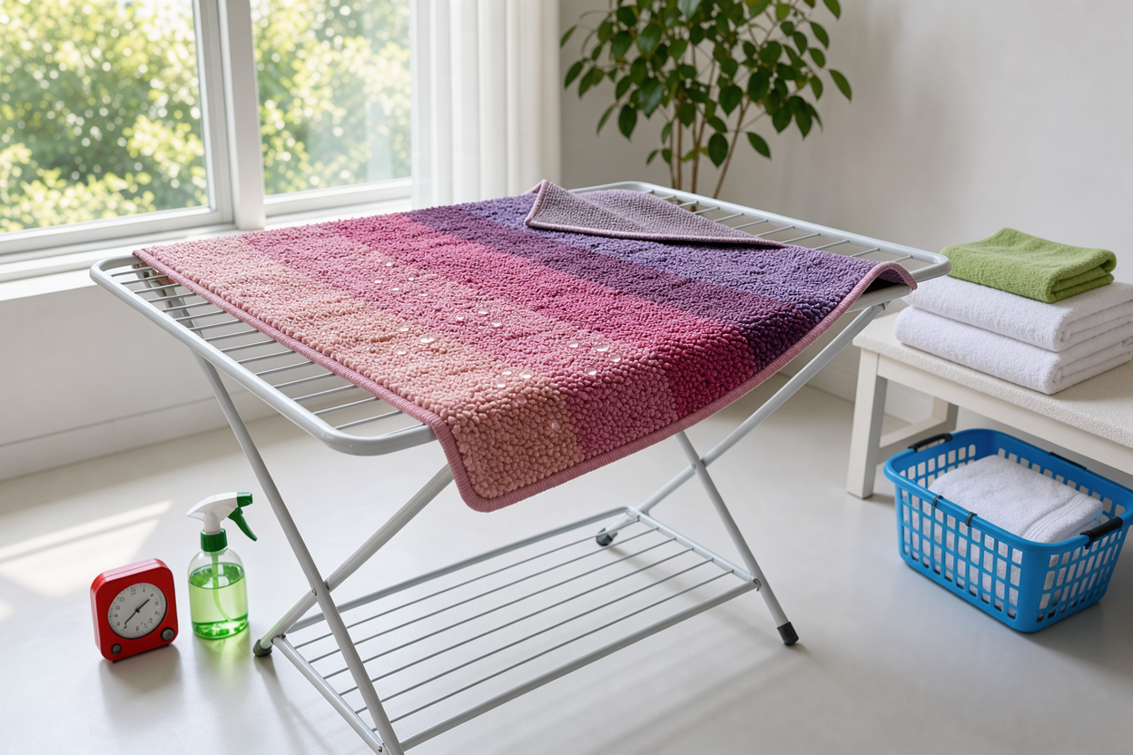 A rug drying flat on a drying rack indoors, turned over periodically, sunlight through a window and clean towels nearby