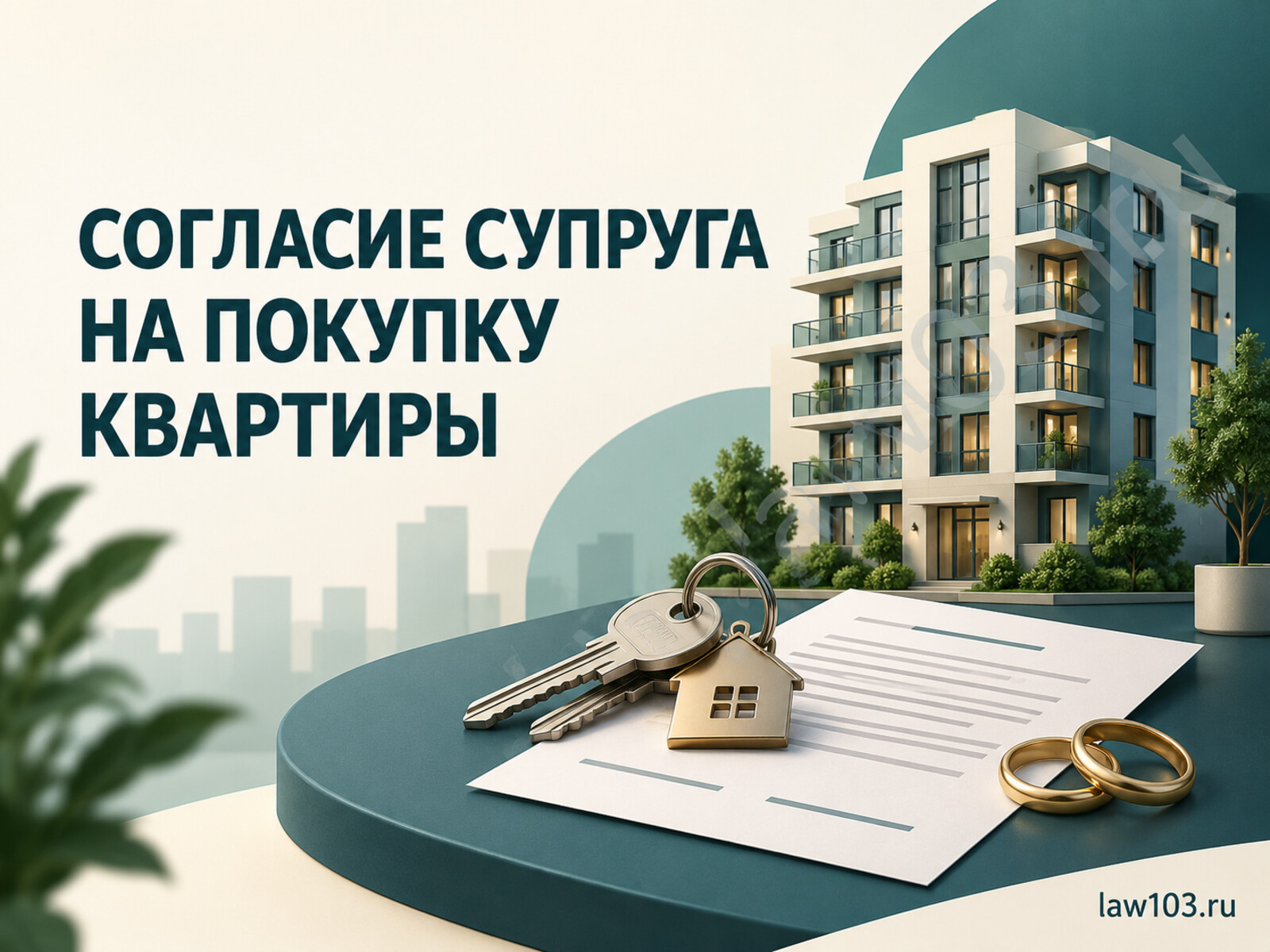 Ключи, договор, обручальные кольца и многоквартирный дом на обложке статьи о согласии супруга при покупке квартиры