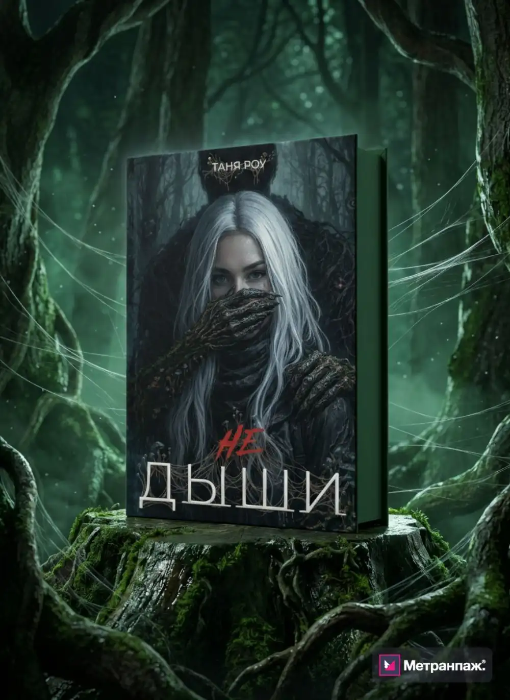 Мокап книги на лесном пне в тёмном сказочном лесу