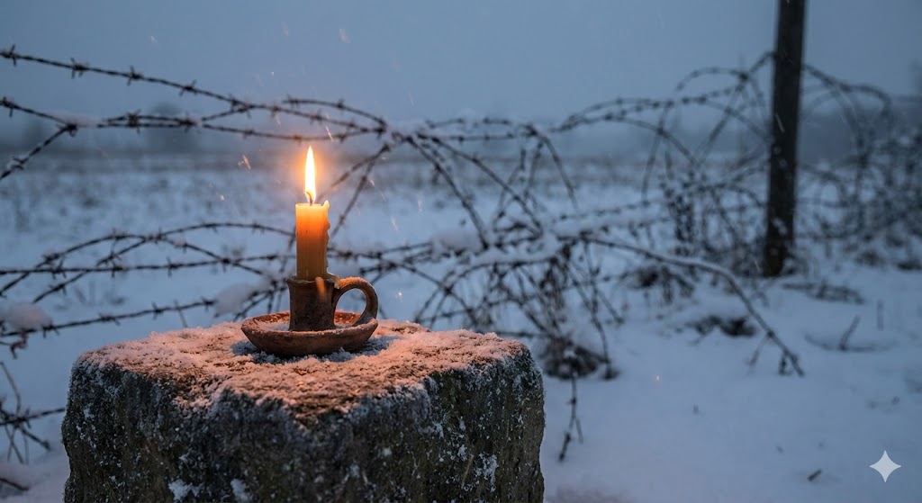 Горящая свеча памяти на фоне колючей проволоки в Международный день памяти жертв Холокоста