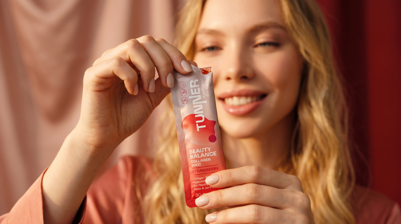 Девушка держит в руках клубничный коллагеновый шот TUNNER Beauty Balance.