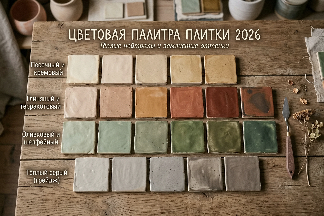 Цветовая палитра плитки 2026: тёплые нейтралы и землистые оттенки