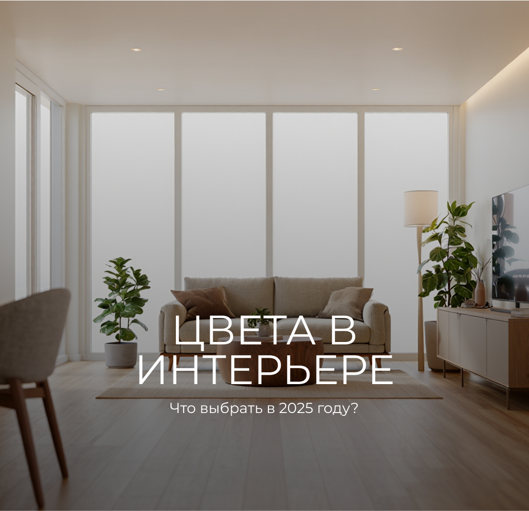 Современная светлая гостиная с большим количеством естественного света: бежевый диван, деревянный круглый столик, паркет, комнатные растения и минималистичный декор. Пространство оформлено в тёплых, нейтральных тонах. Текст на изображении: «Цвета в интерь