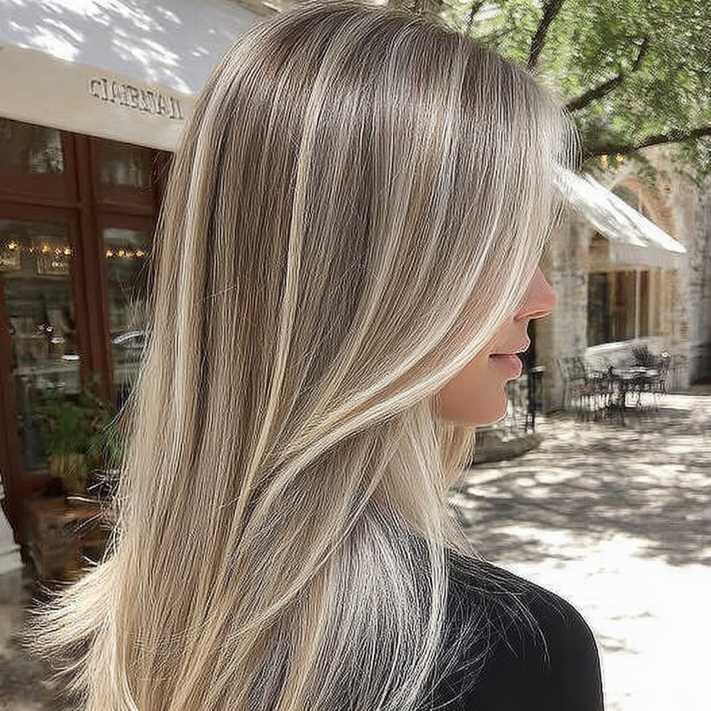 Пепельный блонд на длинных волосах без выраженной желтизны