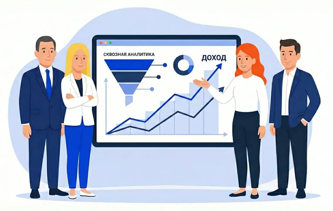 Команда специалистов у экрана с графиками сквозной аналитики и показателями роста дохода компании