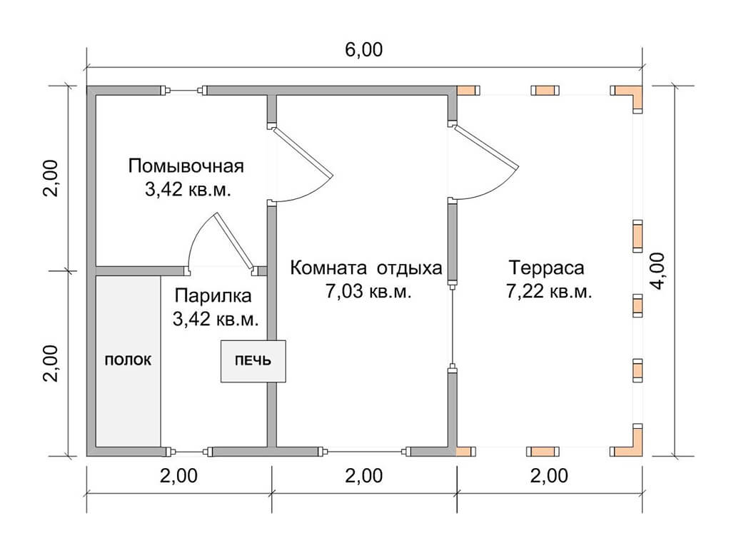 Проект бани 6х4 из пеноблоков с комнатой отдыха