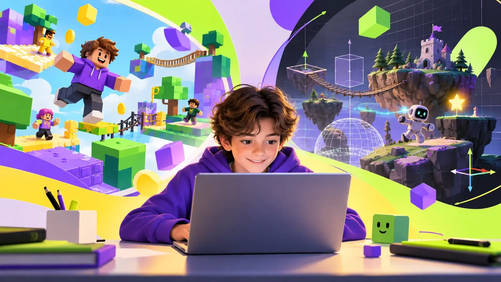 Ребёнок выбирает между Roblox Studio и Unity для создания первой игры