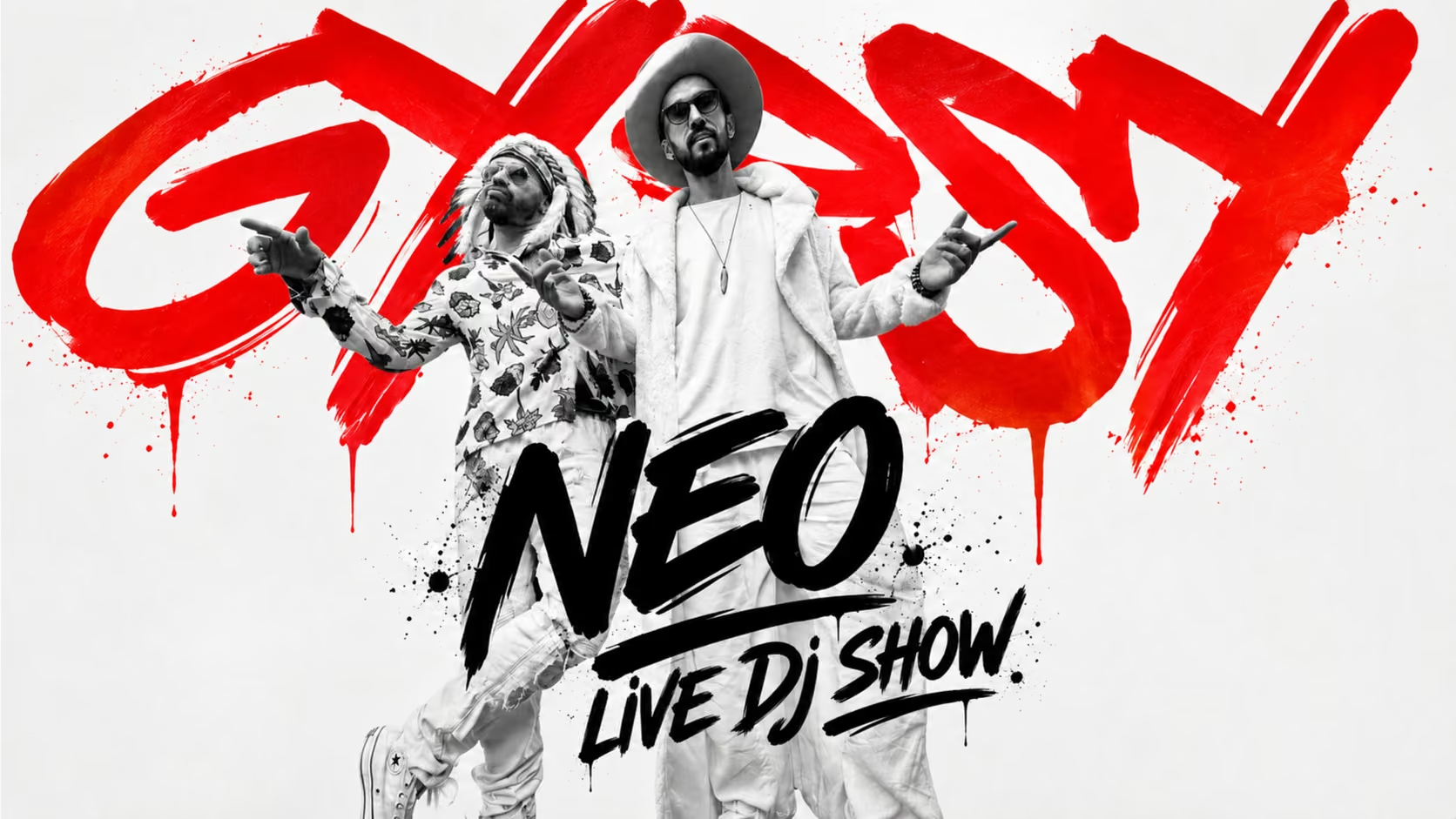 Neo Gypsy Live DJ Show. Иван и Дамир на фоне красной надписи Gypsy