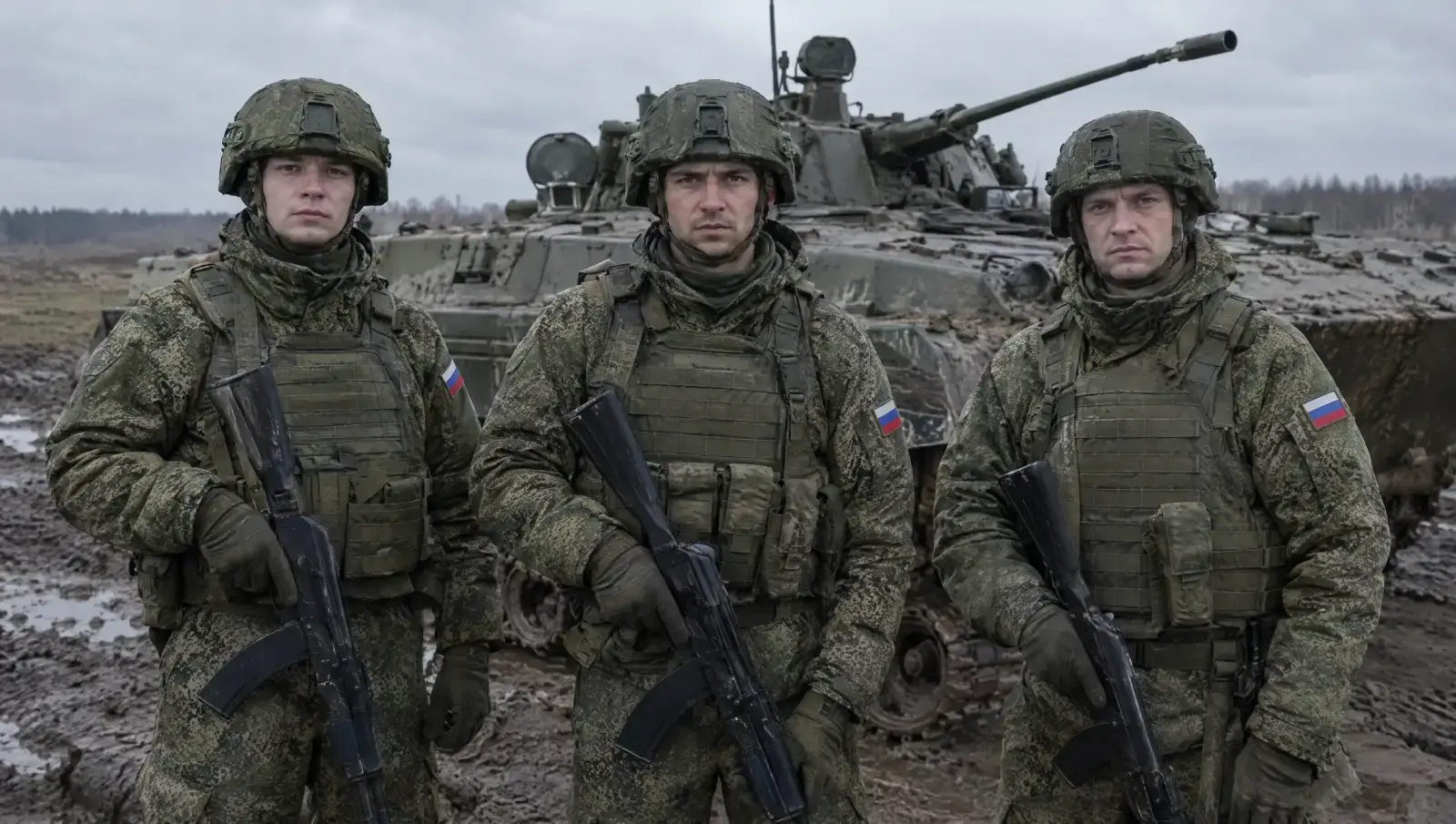 Трое военнослужащих в полевой форме у боевой машины