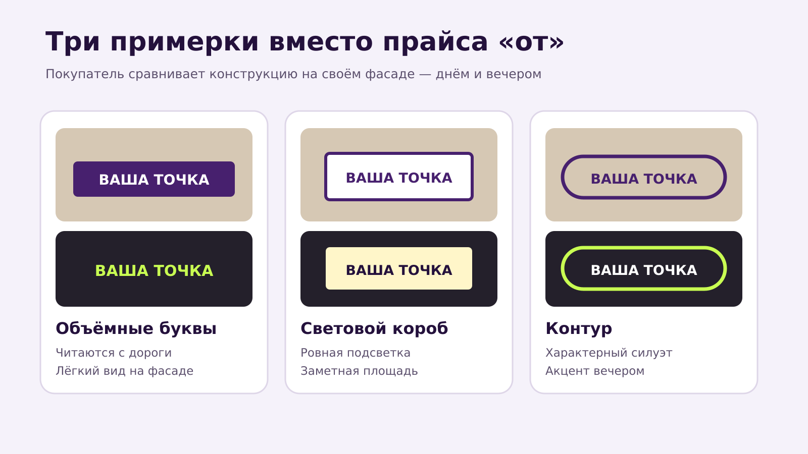 Три варианта вывески с дневным и вечерним видом