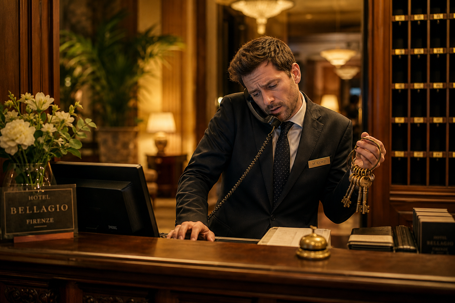Single front desk staff managing check-in and phone calls at boutique hotel