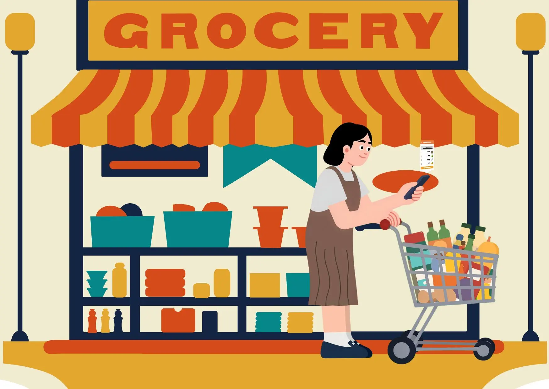 Тележка с продуктами в супермаркете