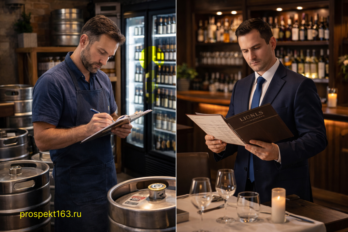 Индивидуальный предприниматель считает поставку пива в магазине и владелец ресторана изучает меню и винную карту