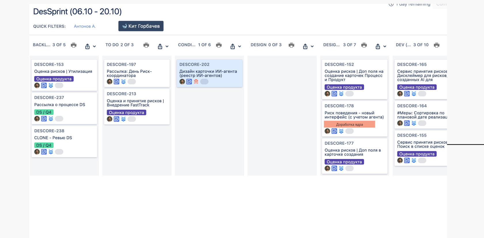 Доска дизайн-спринта: колонки бэклог, в работу, условия, дизайн, ревью дизайна и разработка с задачами по оценке рисков