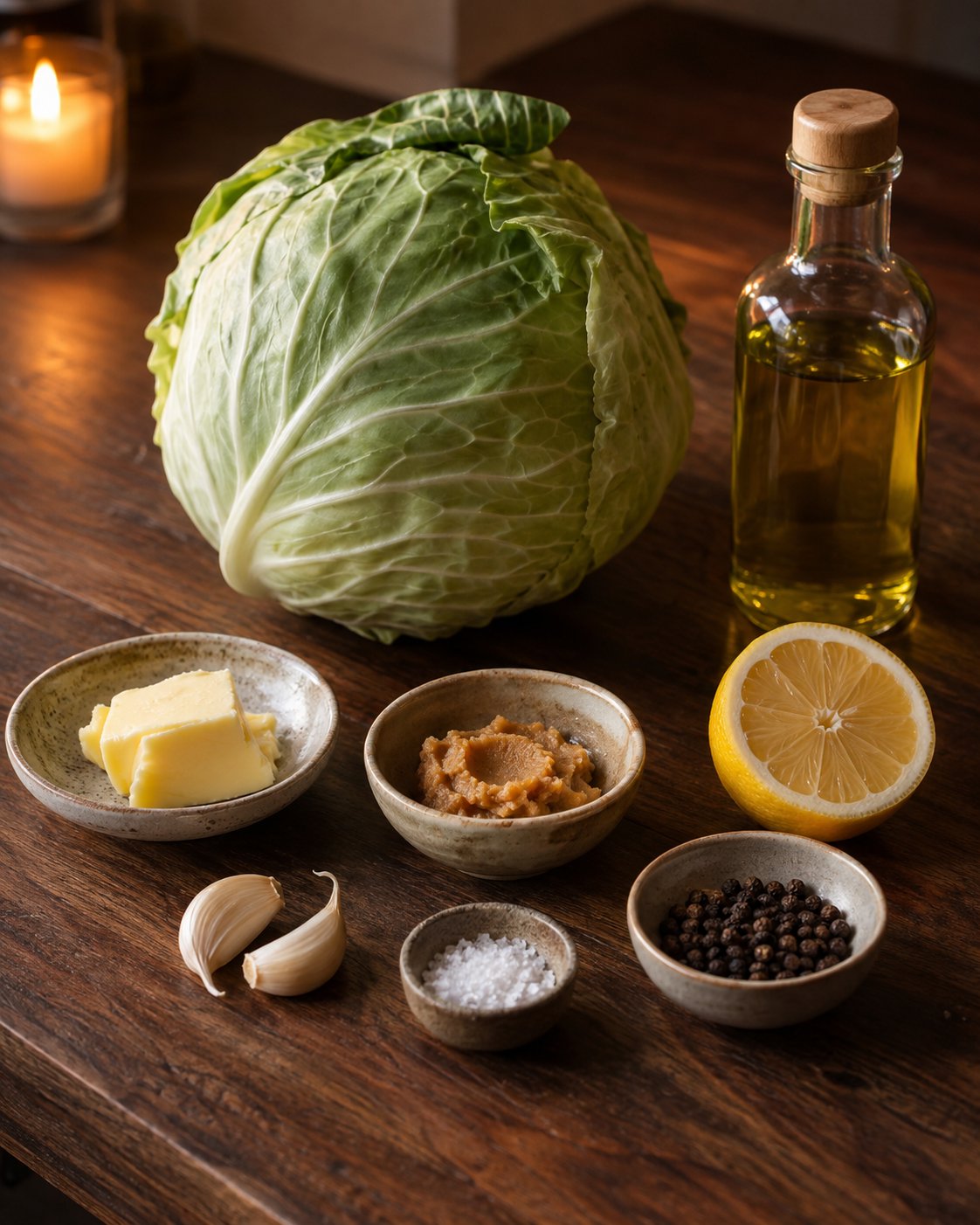 Ingredients for roasted cabbage with miso-garlic butter: a whole green cabbage, softened butter, light miso, garlic, avocado oil, lemon, salt and black pepper on a dark wood table