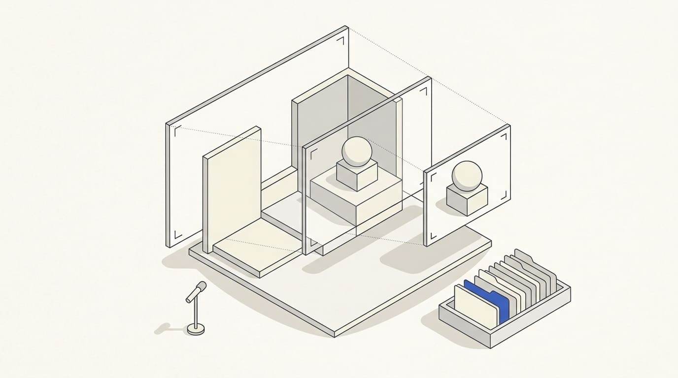 An exhibition stand in frames of different shot sizes beside a microphone and footage archive.
