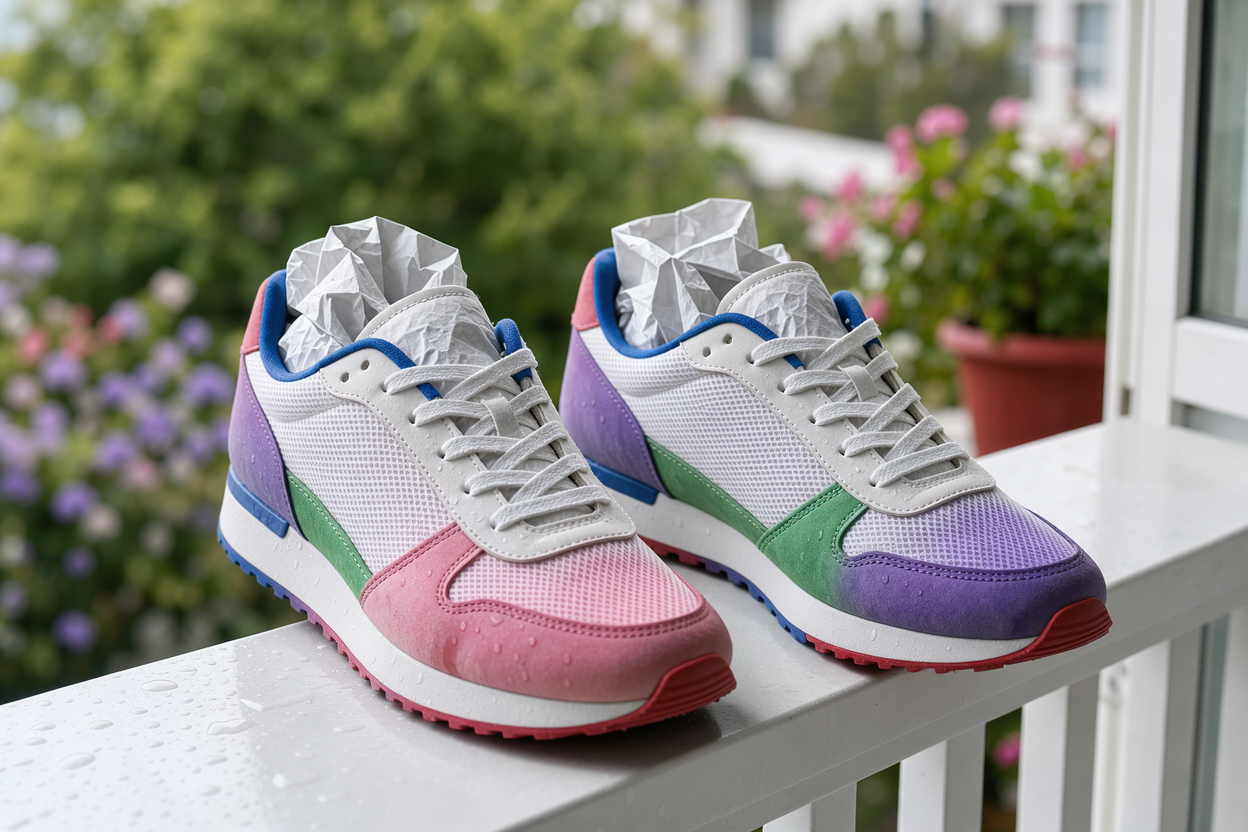 pair of sneakers stuffed with white paper drying on a balcony railing with fresh air and soft light, no direct sunlight, no brand logos