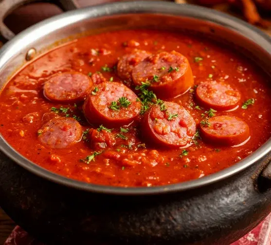 подлива с сосисками и маринованными огурцами в густом соусе