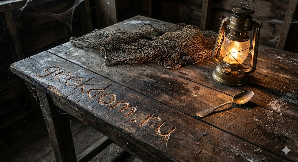 Атмосфера рыбацкой хижины старый стол и фонарь