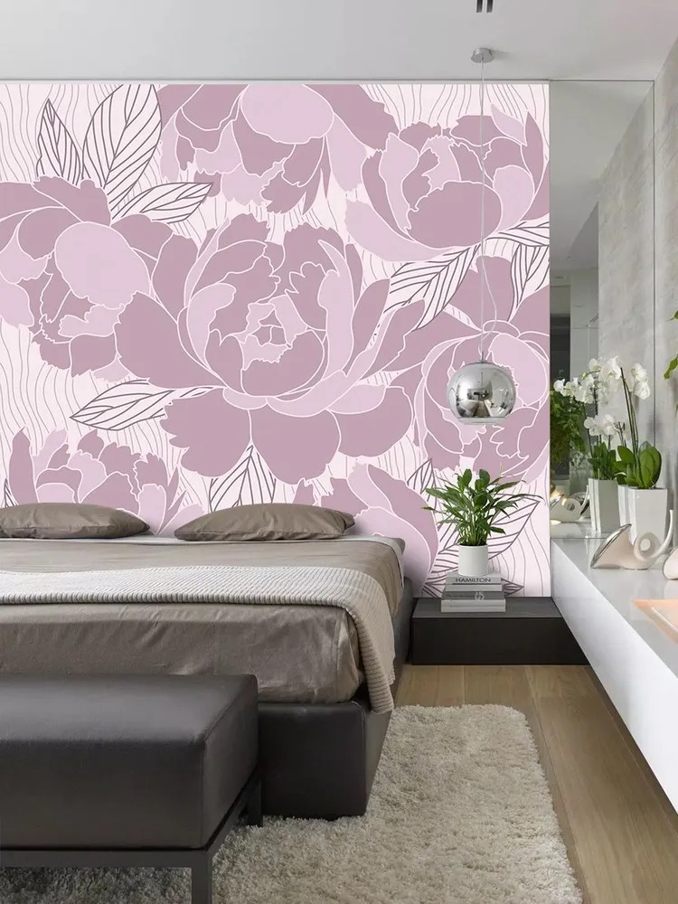 Светло-розовые обои пионы в интерьере, ширина 3 метра