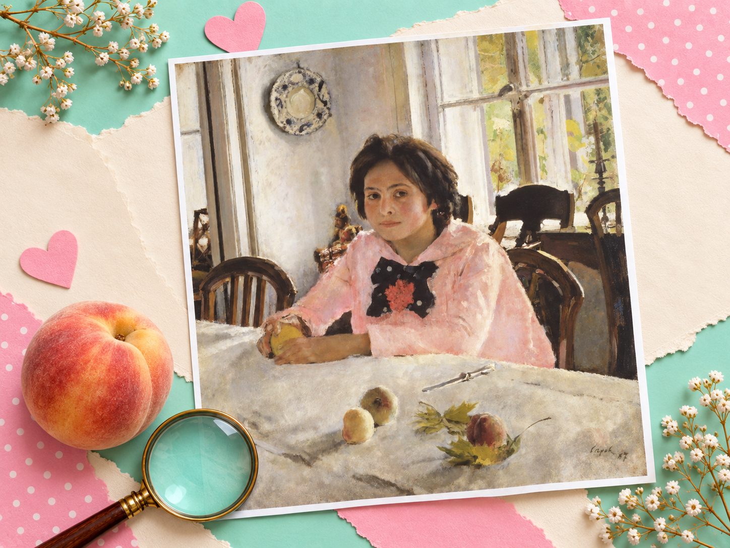 Арт-детектив — Девочка с персиками, ткань, веточка и персик