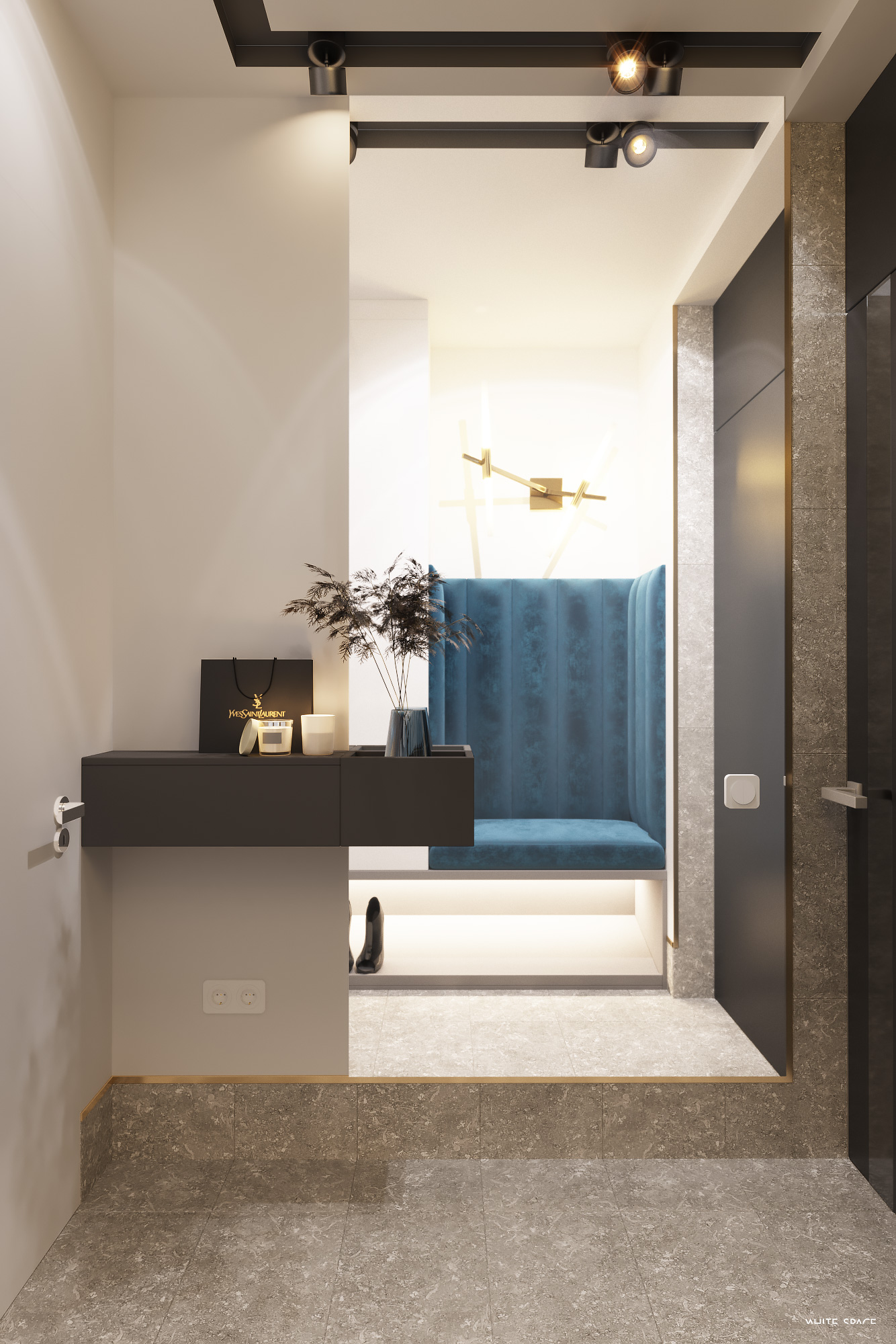Entrée maison moderne avec miroir mural et meuble suspendu