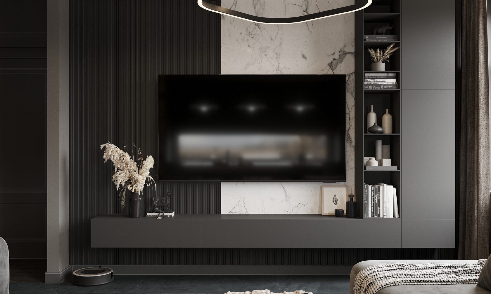 зона телевизора с мрамором и панелями