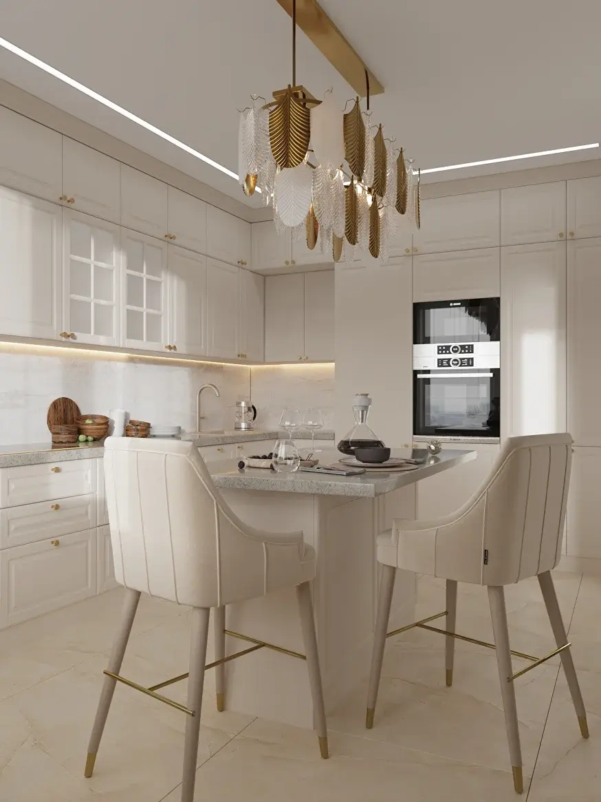 Кухня-гостиная с островом и дизайнерской люстрой