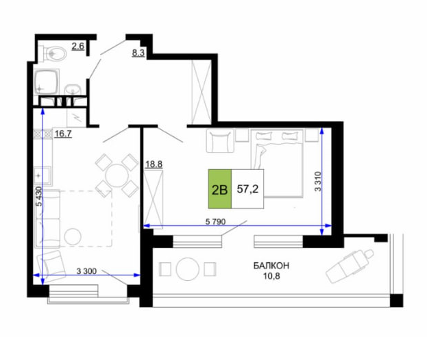 Планировка 2-комнатный 57,2 м²