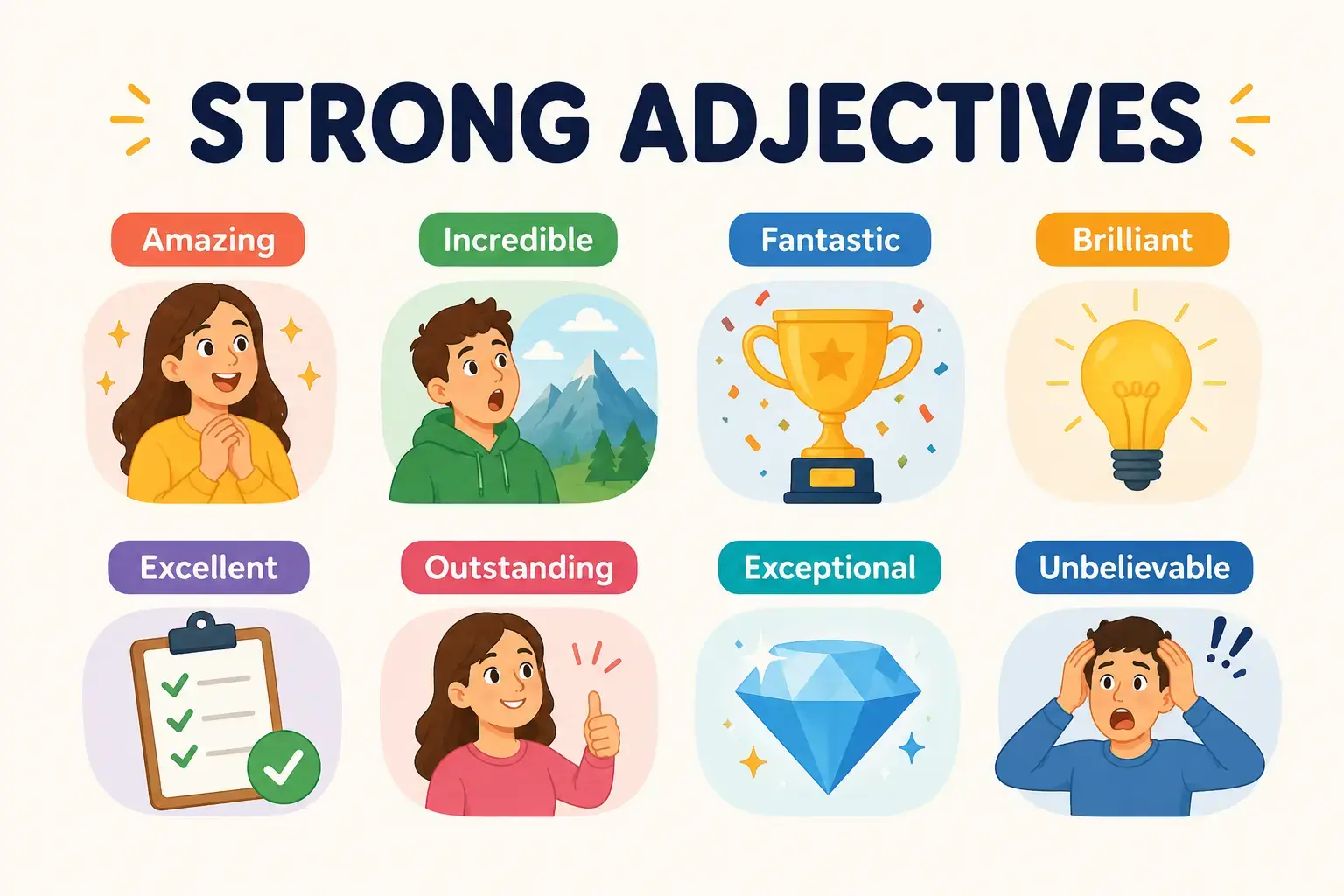 Сильные прилагательные в английском языке: список Strong adjectives вместо very