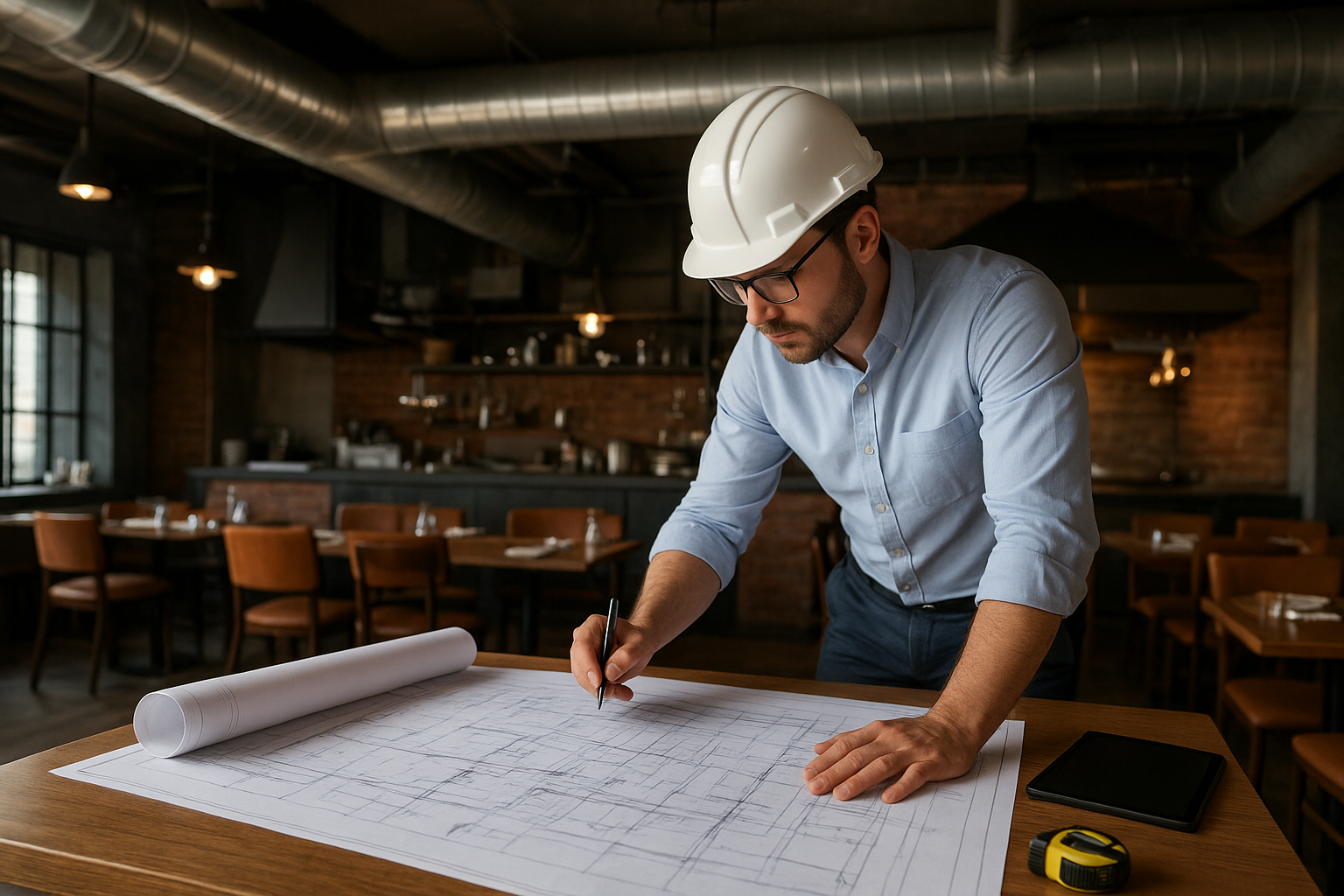 Инженер проводит технический аудит помещения ресторана перед проектированием вентиляции и инженерных систем