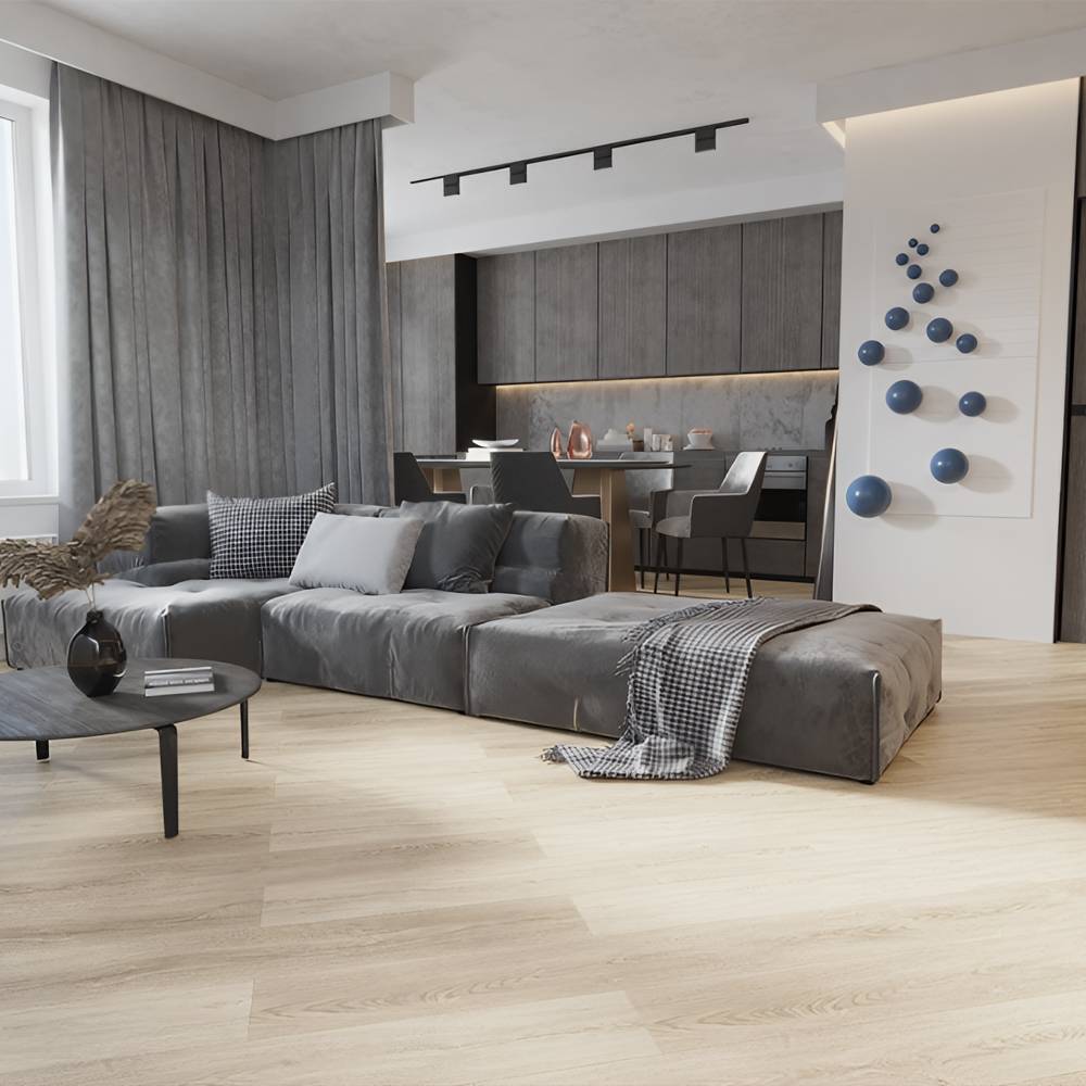 SPC покрытие в студии: единый влагостойкий пол в зоне кухни-гостиной и спальни, практичный вариант для маленьких городских квартир