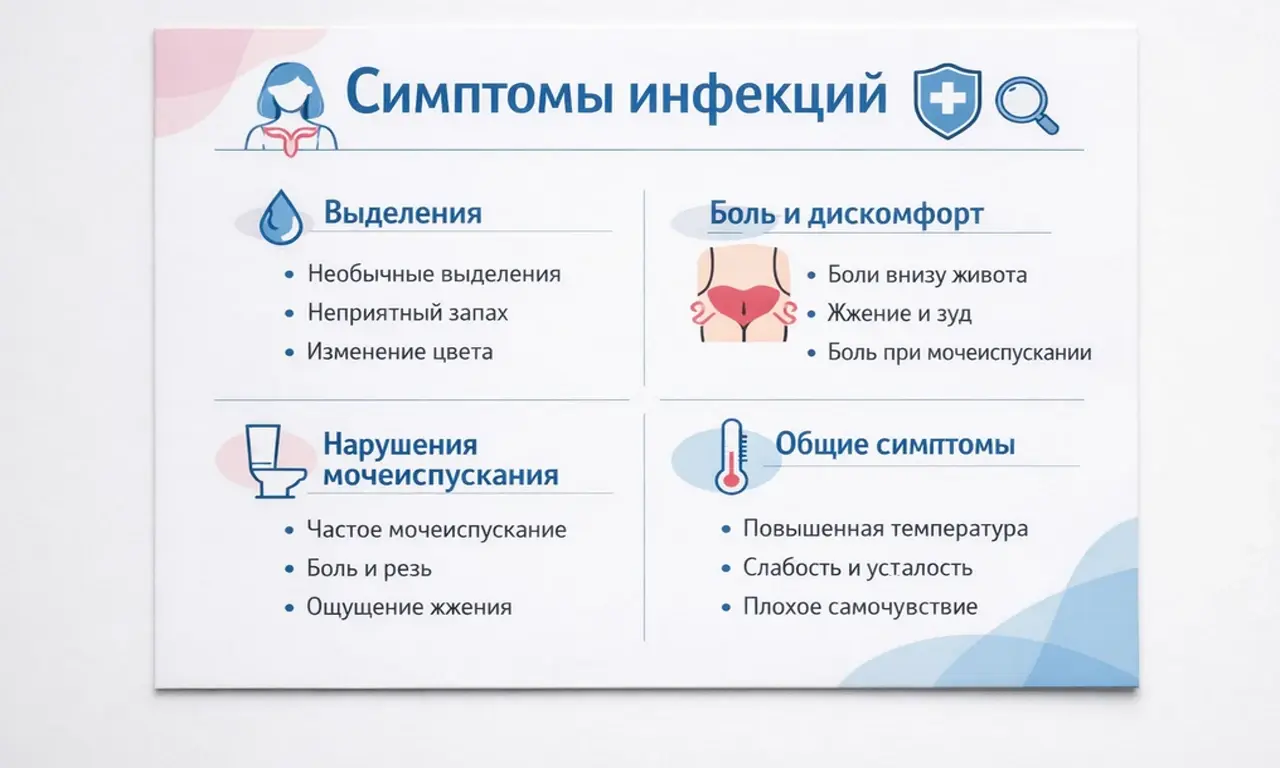 Инфографика: симптомы инфекций в интимной зоне и характер выделений.