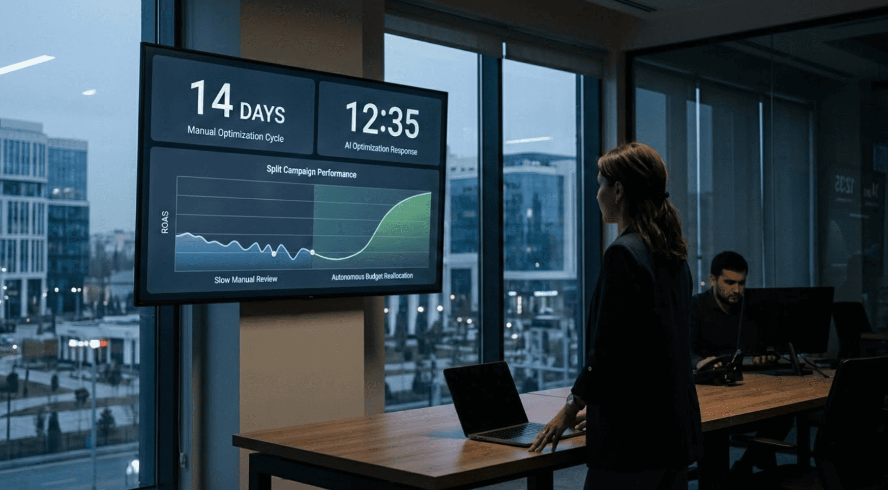 A Tashkent office monitor showing a side-by-side comparison of manual vs AI campaign optimization time — a 14-day manual review cycle versus a minutes-response AI autonomous budget reallocation, with corresponding ROAS performance curves.