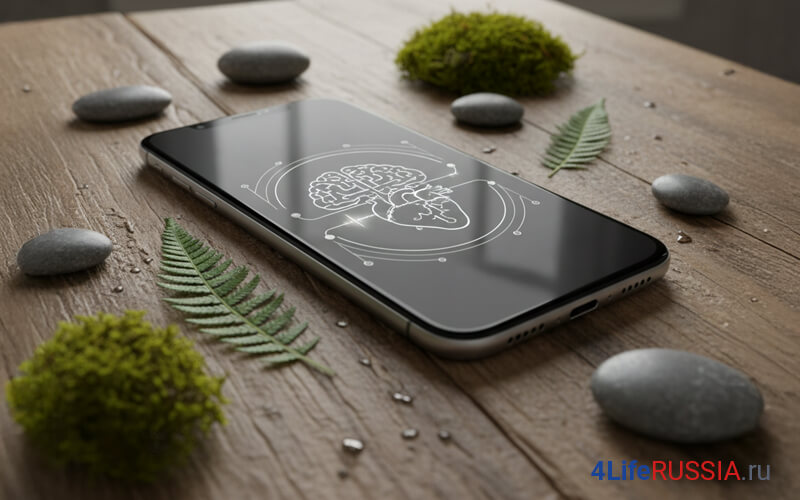 Смартфон на деревянном столе с иконкой мозга на экране